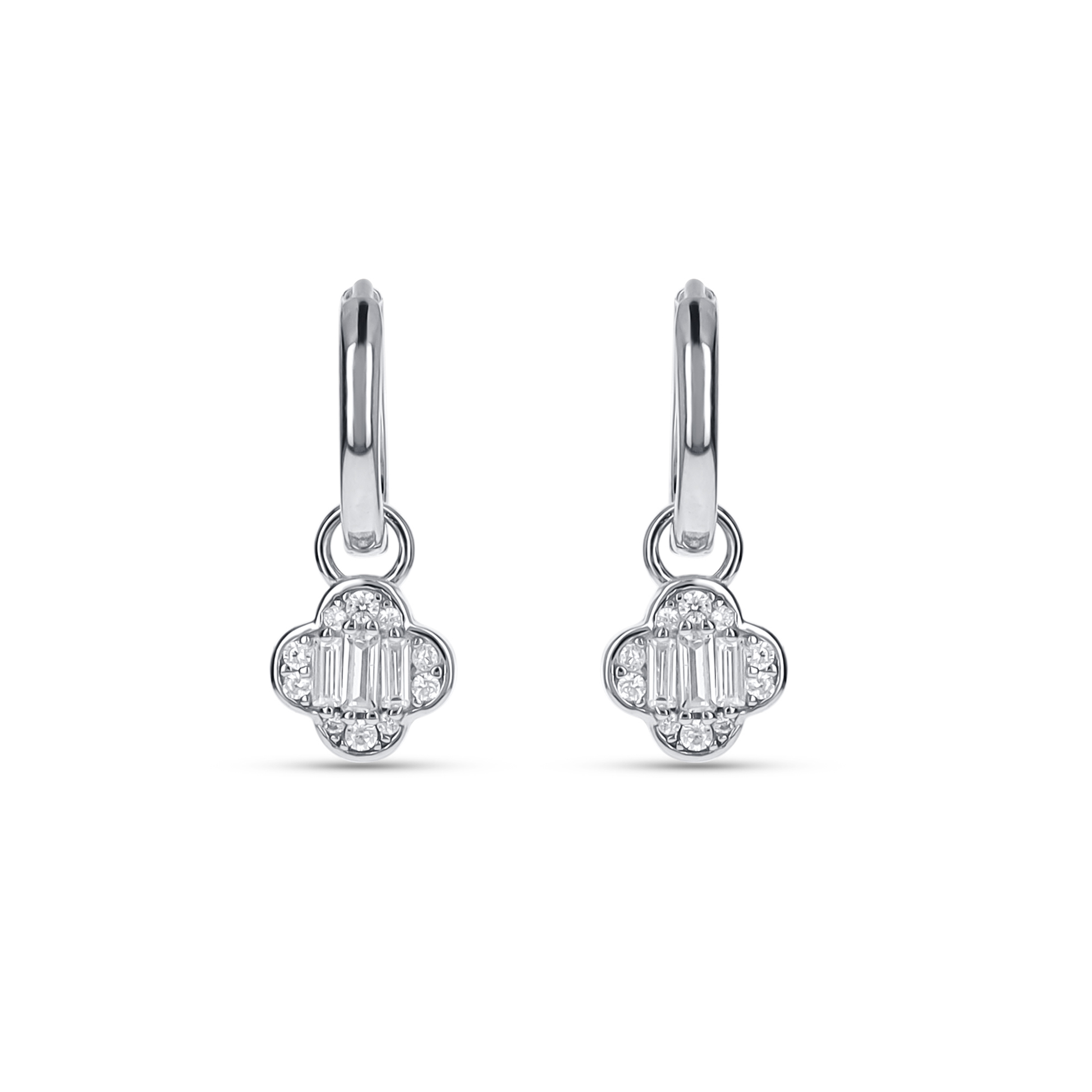 Bridal Clover Charm Huggie Hoop Earrings in Silver from Alexandra Marks Jewelry. 