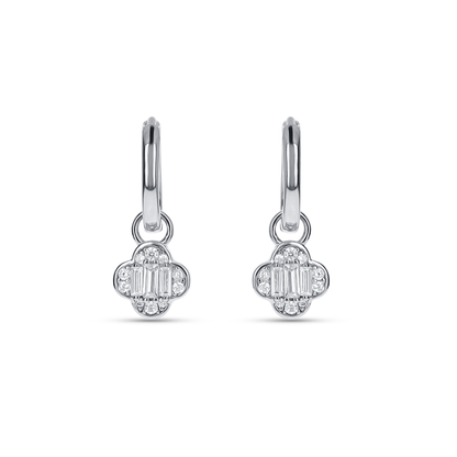 Bridal Clover Charm Huggie Hoop Earrings in Silver from Alexandra Marks Jewelry. 