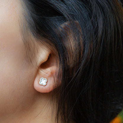 White Pearl Clover Stud Earrings 