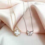 Pearl Clover and Pearl Butterfly Necklace in gold and silver from Alexandra Marks Jewelry