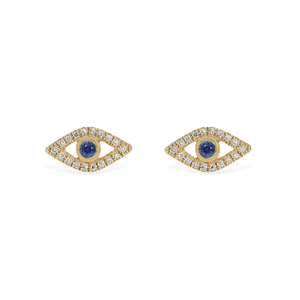 
            
                Load image into Gallery viewer, Diamond &amp;amp; Sapphire Evil Eye Stud Earrings in 14kt Gold from Alexandra Marks Jewelry
            
        