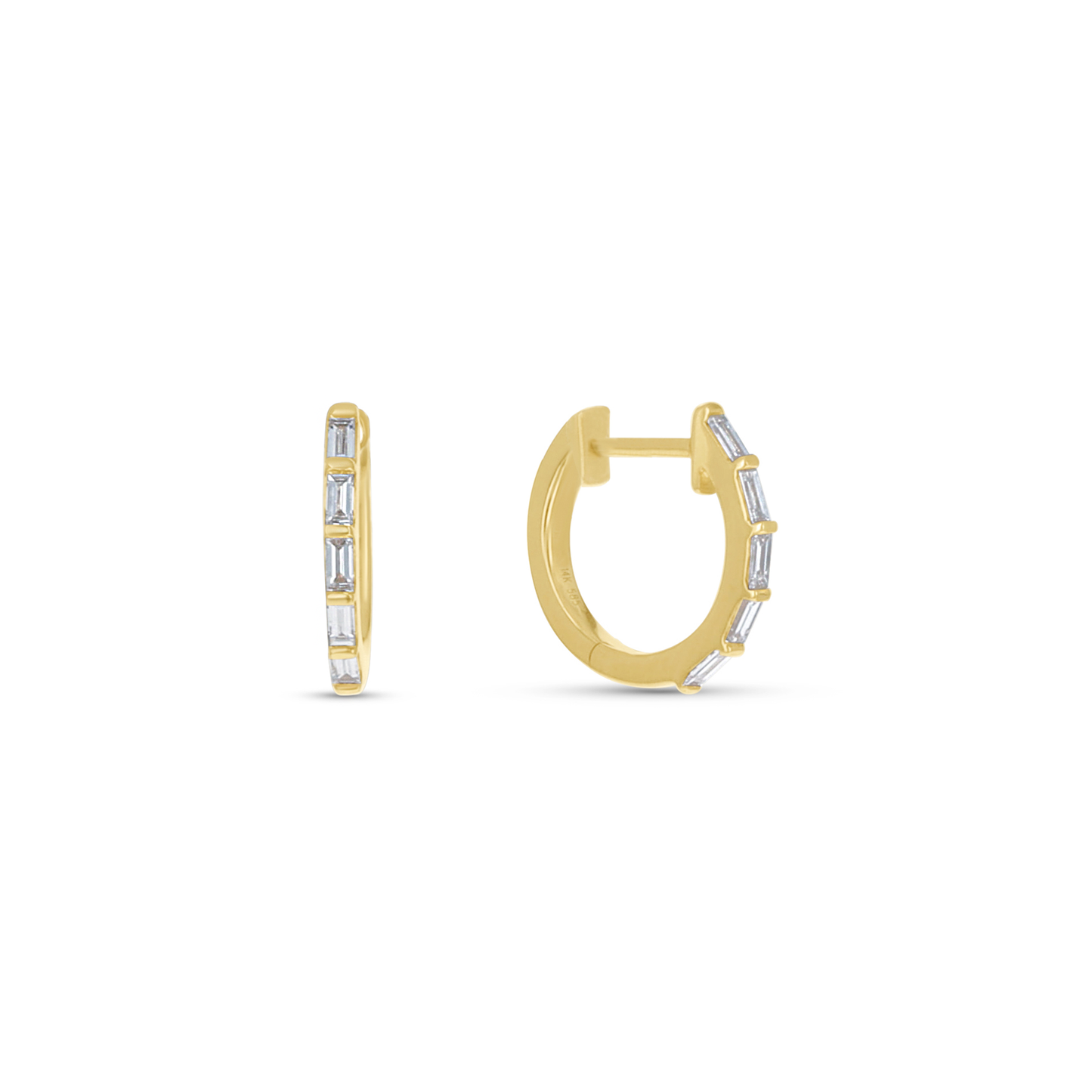 Gold Hoop Earrings with Baguette Diamonds In 14kt Yellow Gold from Alexandra Marks Jewelry. 