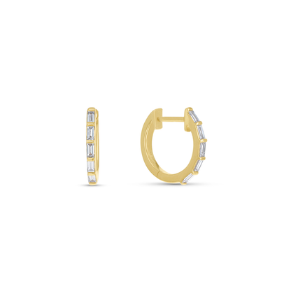 Gold Hoop Earrings with Baguette Diamonds In 14kt Yellow Gold from Alexandra Marks Jewelry. 