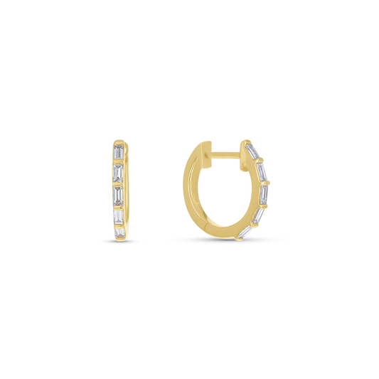 Gold Hoop Earrings with Baguette Diamonds In 14kt Yellow Gold from Alexandra Marks Jewelry. 