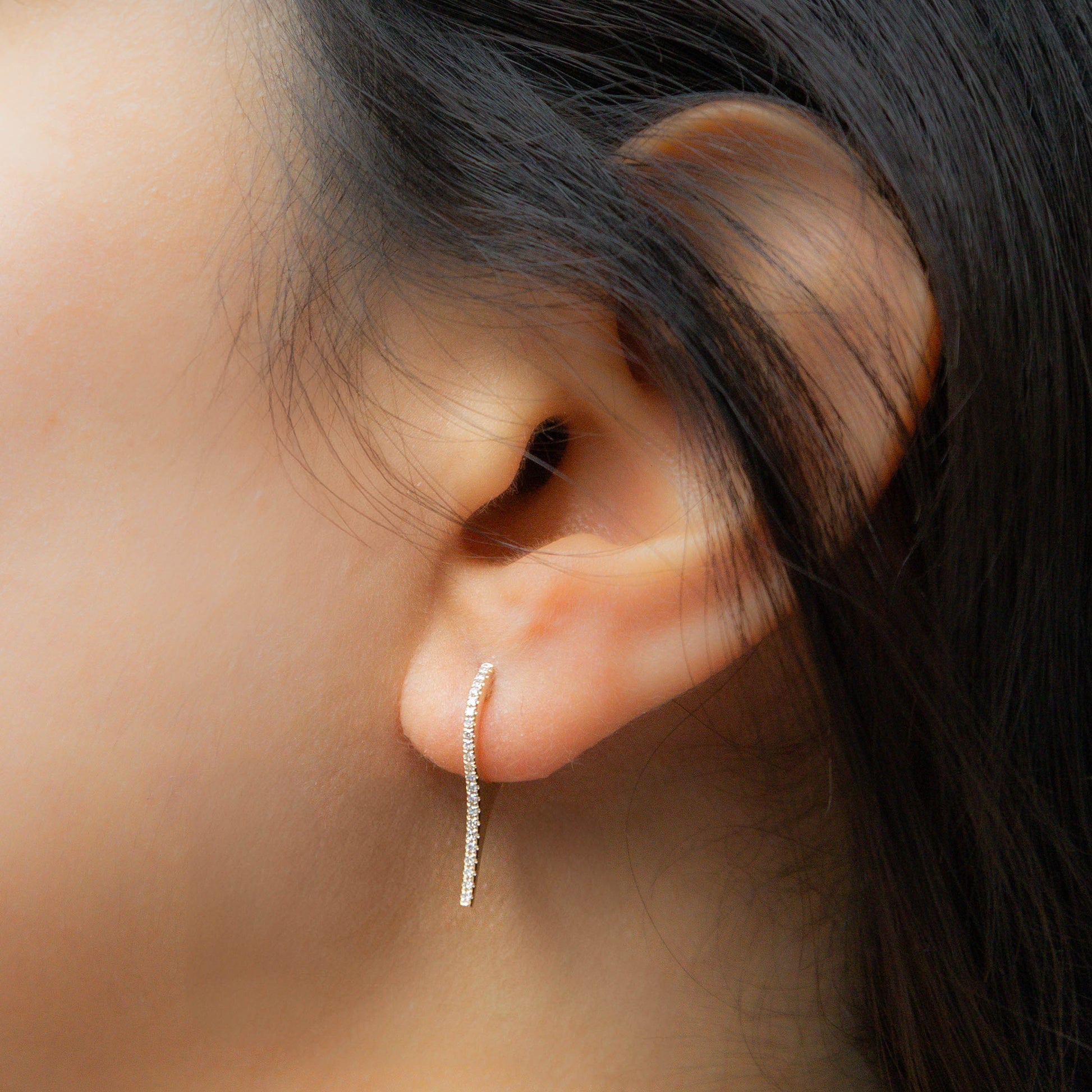 Delicate Diamond Bar Drop Huggie Hoop Earrings from Alexandra Marks Jewelry
