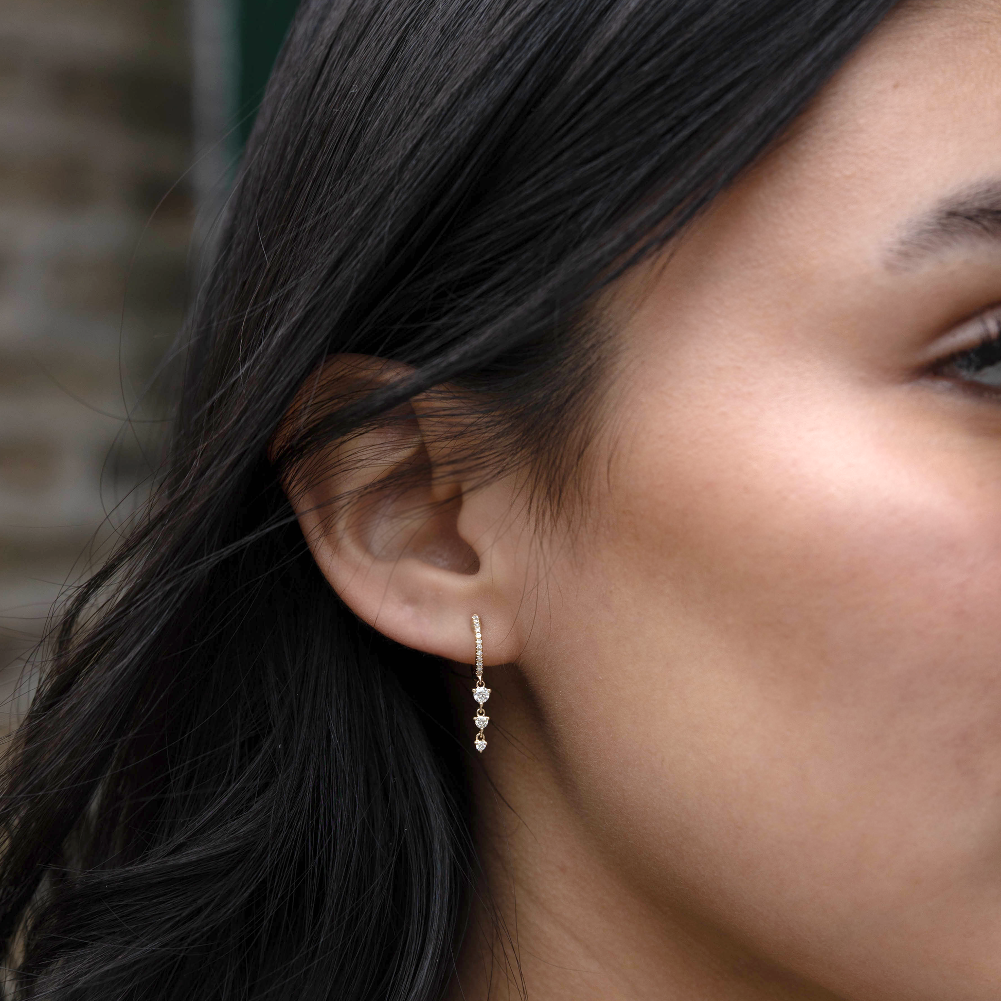 Diamond Charm Drop Huggie Hoop Earrings in 14kt yellow gold