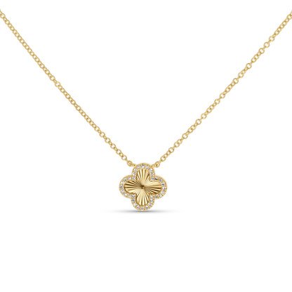 Dainty Clover Necklace with Diamonds in 14kt Yellow Gold From Alexandra Marks Jewelry. 