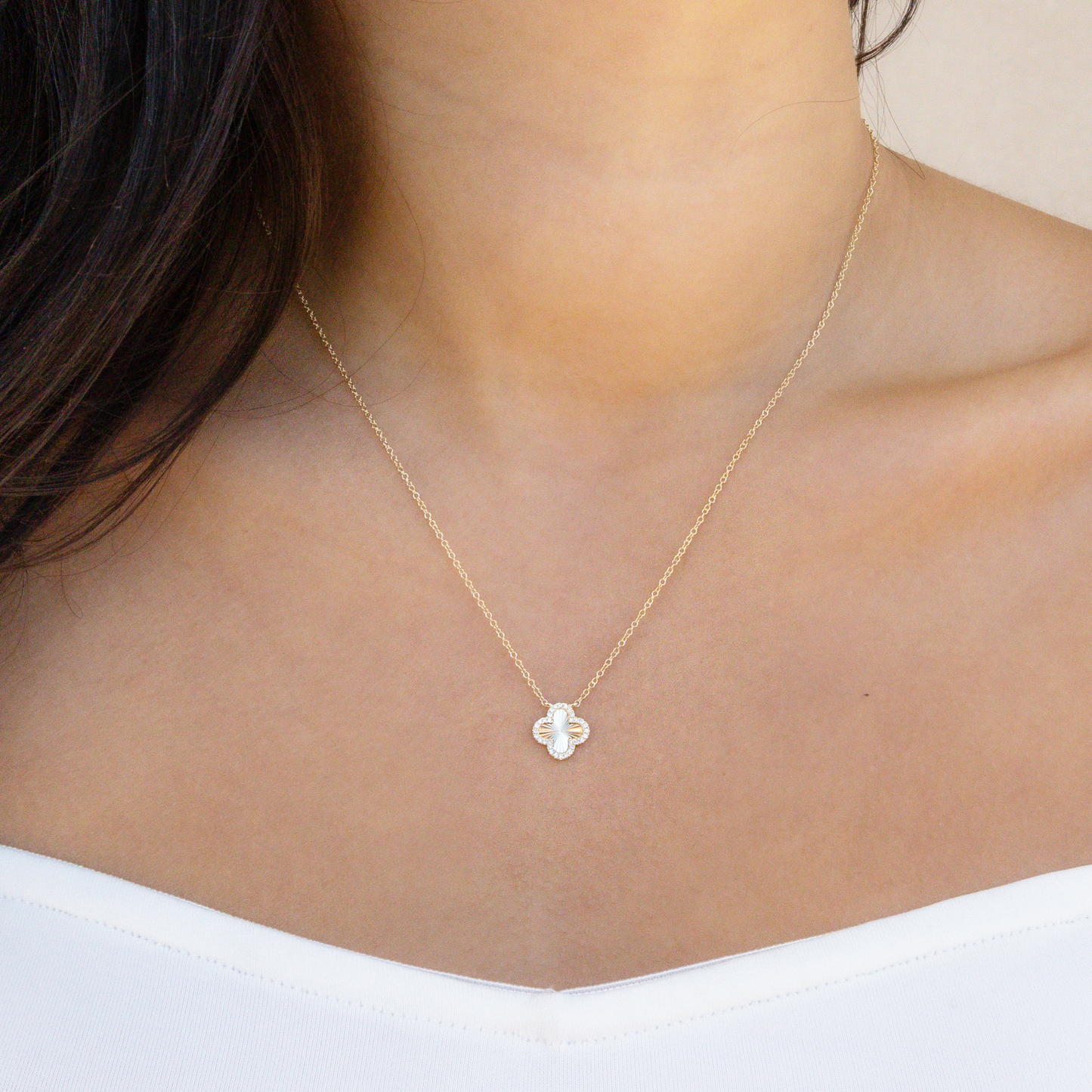 Diamond Cut Clover Necklace in 14kt Yellow Gold. 