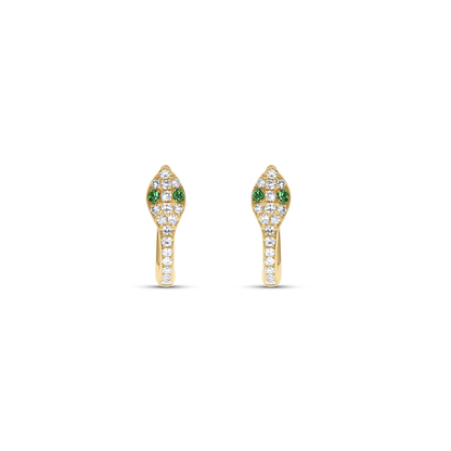 Emerald Snake Hoop Earrings with diamonds in 14kt yellow gold. 