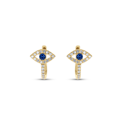 Dainty Diamond Evil Eye Huggie Hoop Earrings in 14kt Yellow Gold