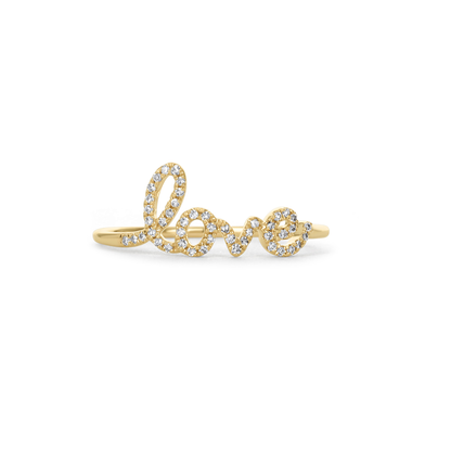 Gold ring with 'love' engraving on a white background from Alexandra Marks Jewelry