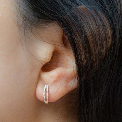 Dainty Diamond Open Hoop Earrings in Yellow Gold. 