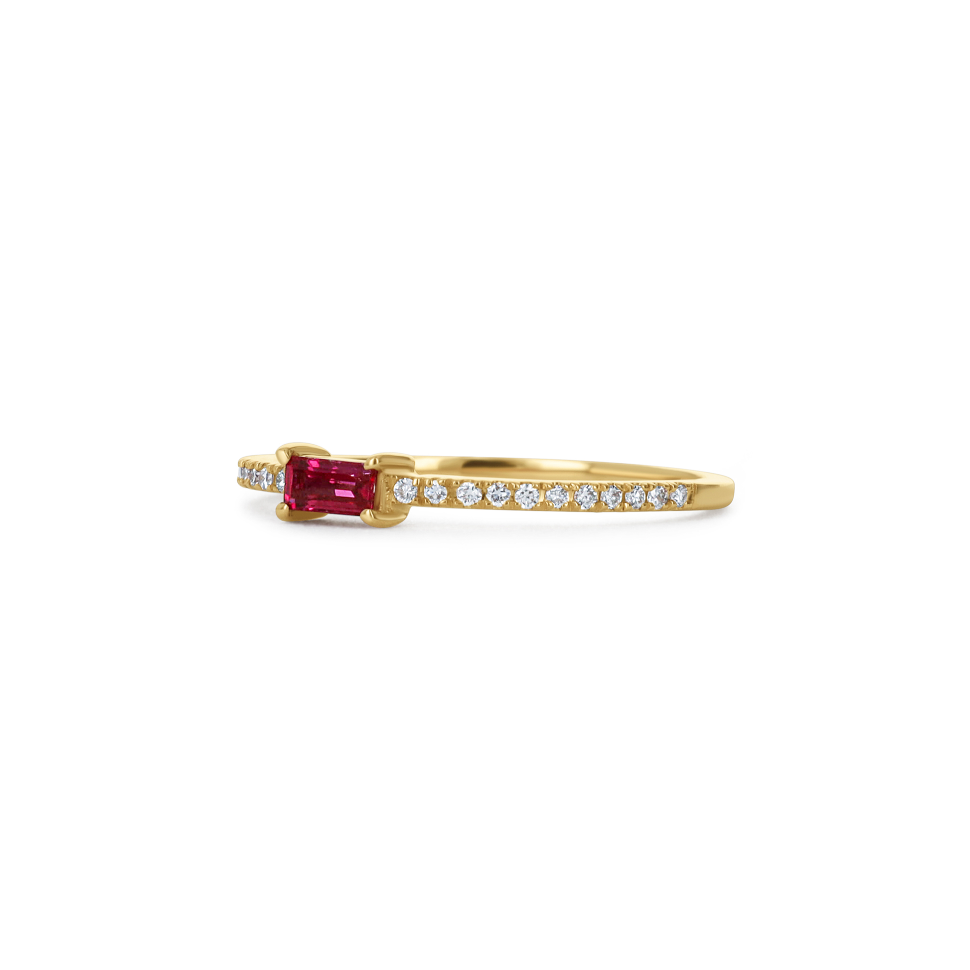 Petite Ruby gemstone and diamond birthstone ring in 14kt yellow gold from Alexandra Marks Jewelry. 