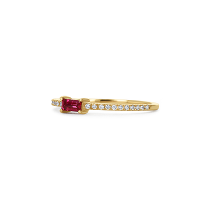 Petite Ruby gemstone and diamond birthstone ring in 14kt yellow gold from Alexandra Marks Jewelry. 