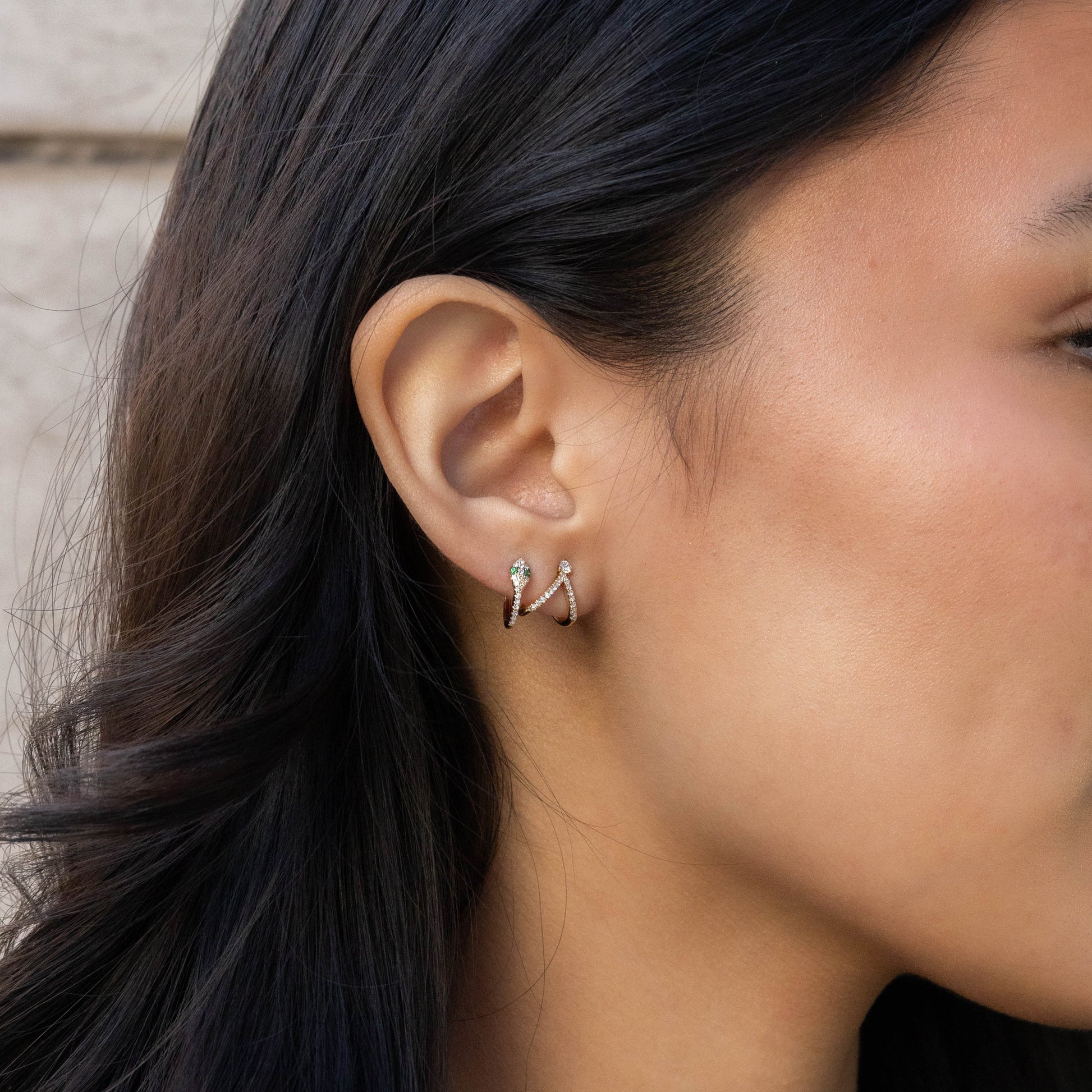 Emerald Snake Huggie Hoop Earrings and Wrapped Diamond Hoop Earrings 