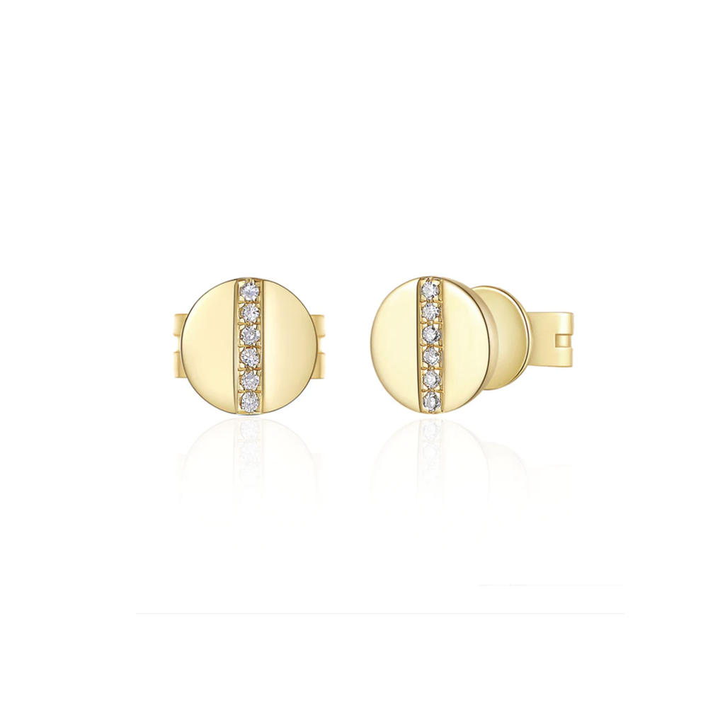 
            
                Load image into Gallery viewer, Round Gold Disc Studs with pave&amp;#39; diamond Bar from AlexandraMarksJewelry
            
        