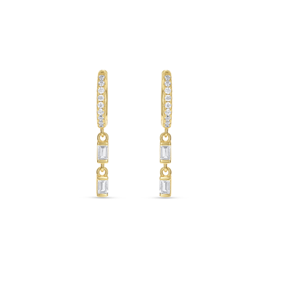 Gold Hoop Earrings with Double Baguette CZ Drops. 