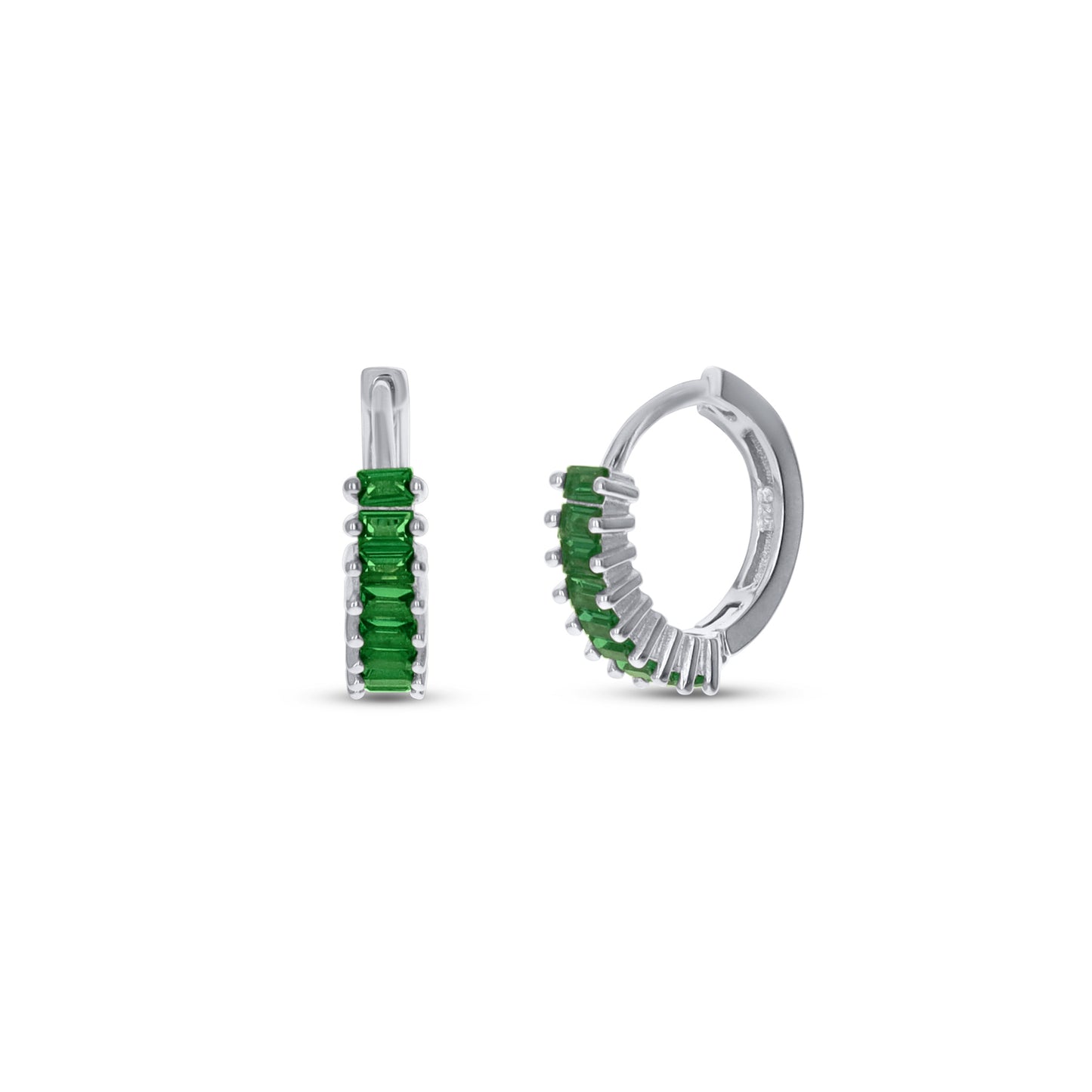 Emerald Huggie Hoop Earrings in Sterling Silver 