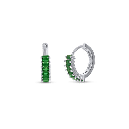 Emerald Huggie Hoop Earrings in Sterling Silver 