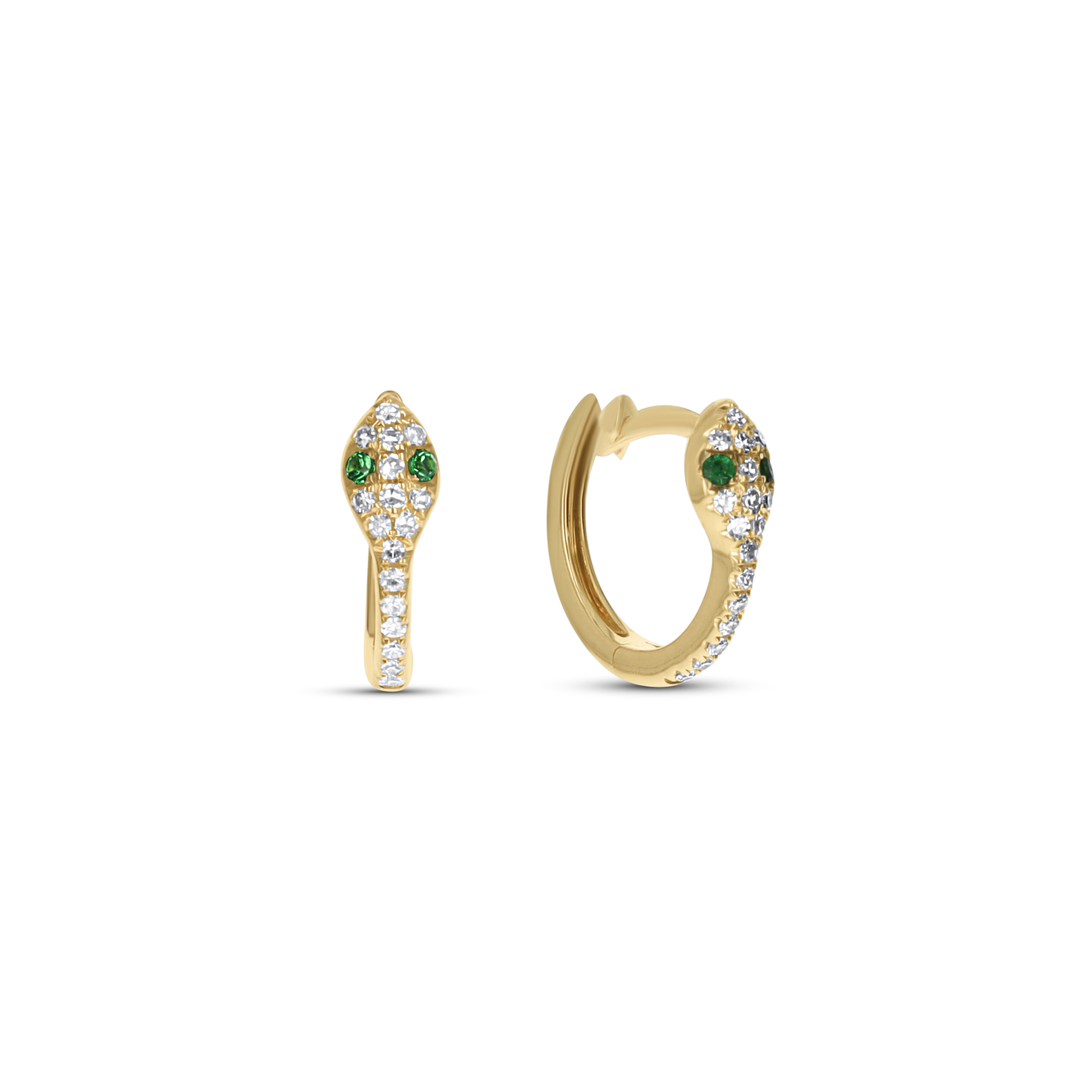 Diamond & Emerald Snake Huggie Hoop Earrings in 14kt Yellow Gold from Alexandra Marks Jewelry