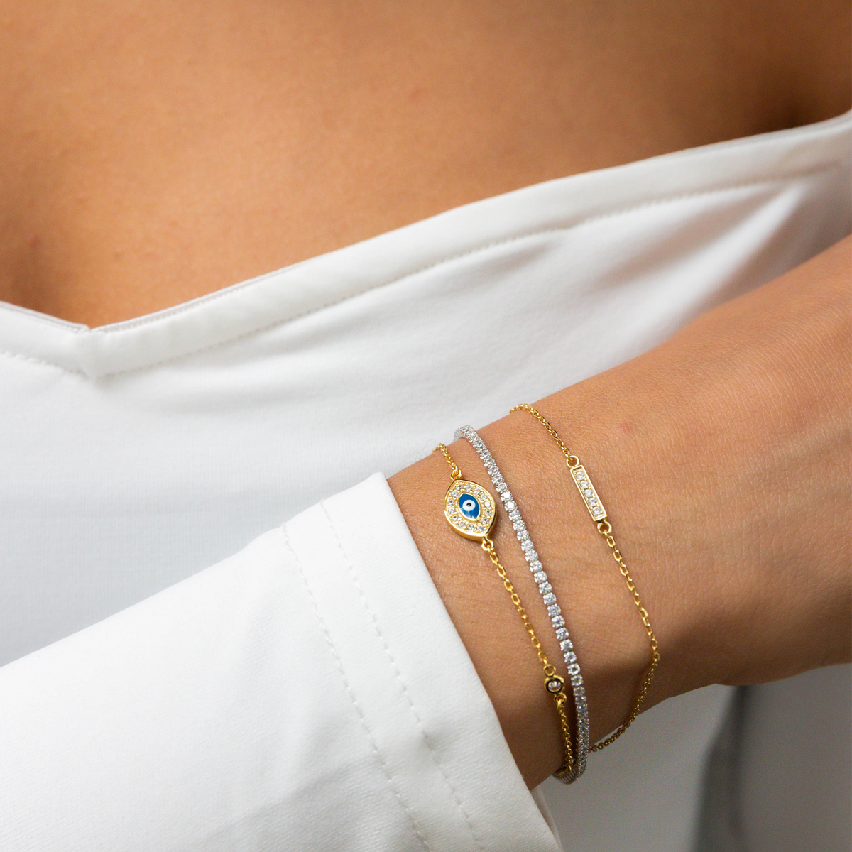 Enamel Evil Eye Everyday Bracelet in Gold from Alexandra Marks Jewelry. 