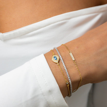 Everyday Tennis Bracelet Stacked With Gold Bracelets From Alexandra Marks Jewelry