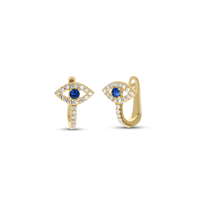 Sapphire & Diamond Evil Eye Huggie Hoop Earrings in Yellow Gold