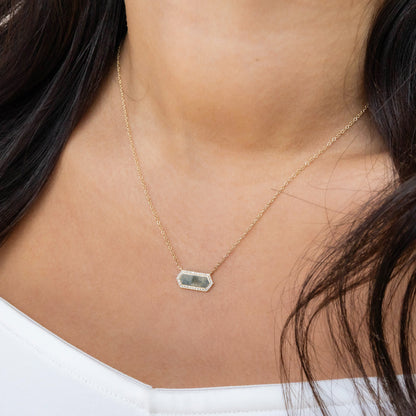 Modern gold hexagon bar necklace with diamonds