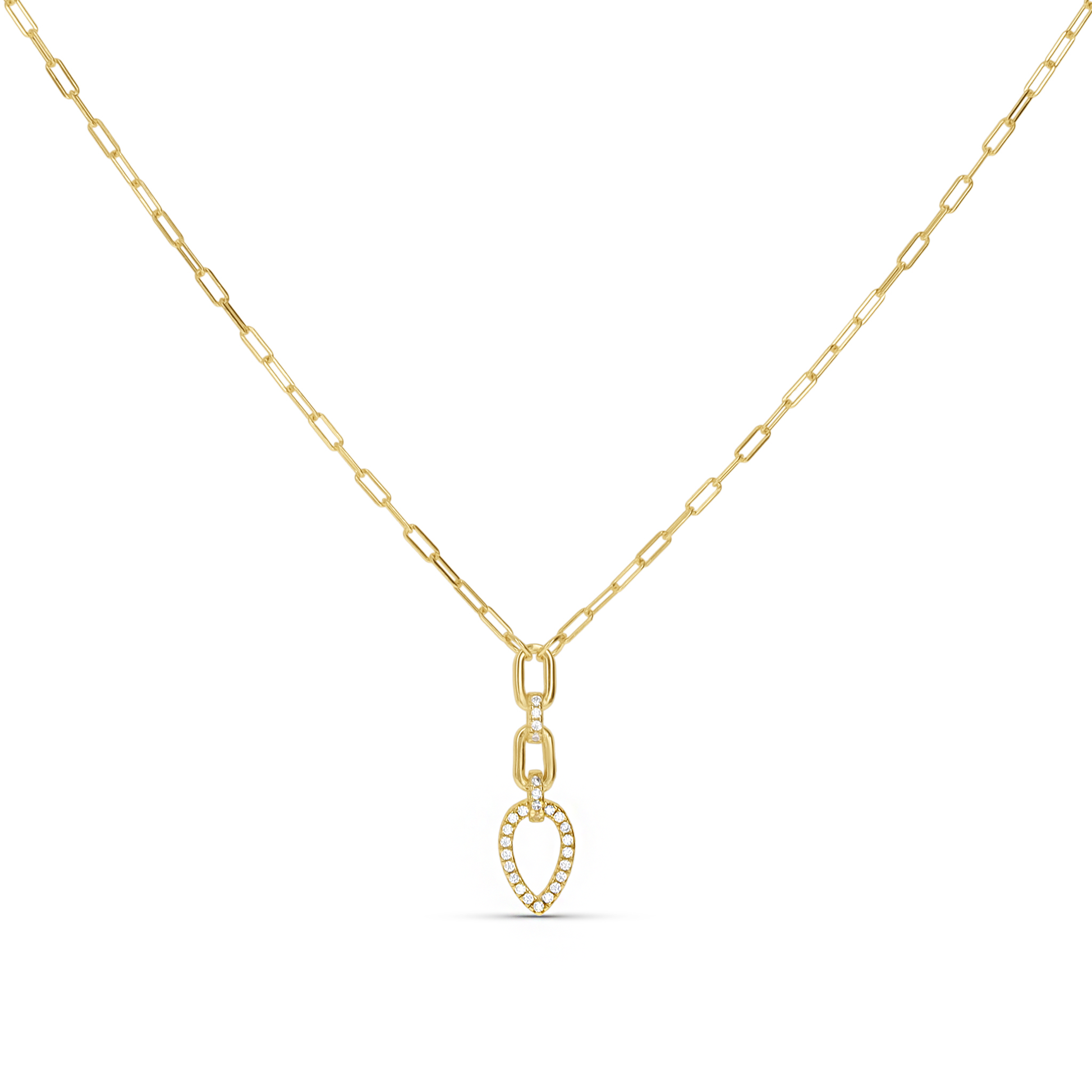A delicate gold paperclip chain necklace with a small teardrop-shaped pendant adorned with tiny clear stones, displayed against a solid white background.