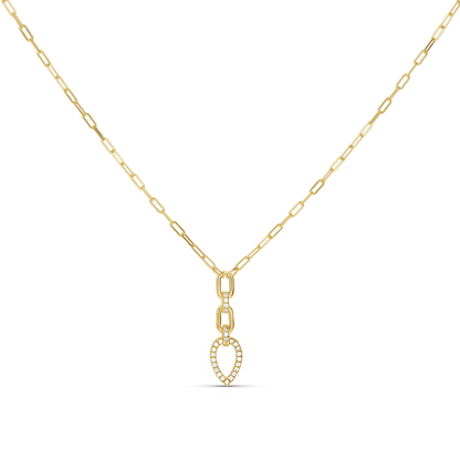 A delicate gold paperclip chain necklace with a small teardrop-shaped pendant adorned with tiny clear stones, displayed against a solid white background.