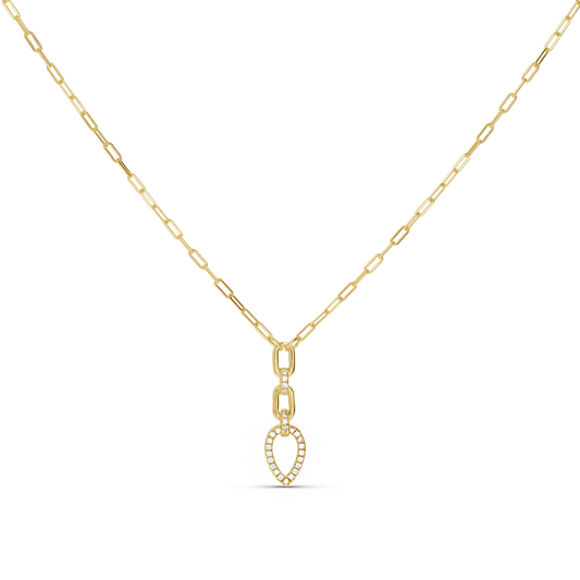 A delicate gold paperclip chain necklace with a small teardrop-shaped pendant adorned with tiny clear stones, displayed against a solid white background.
