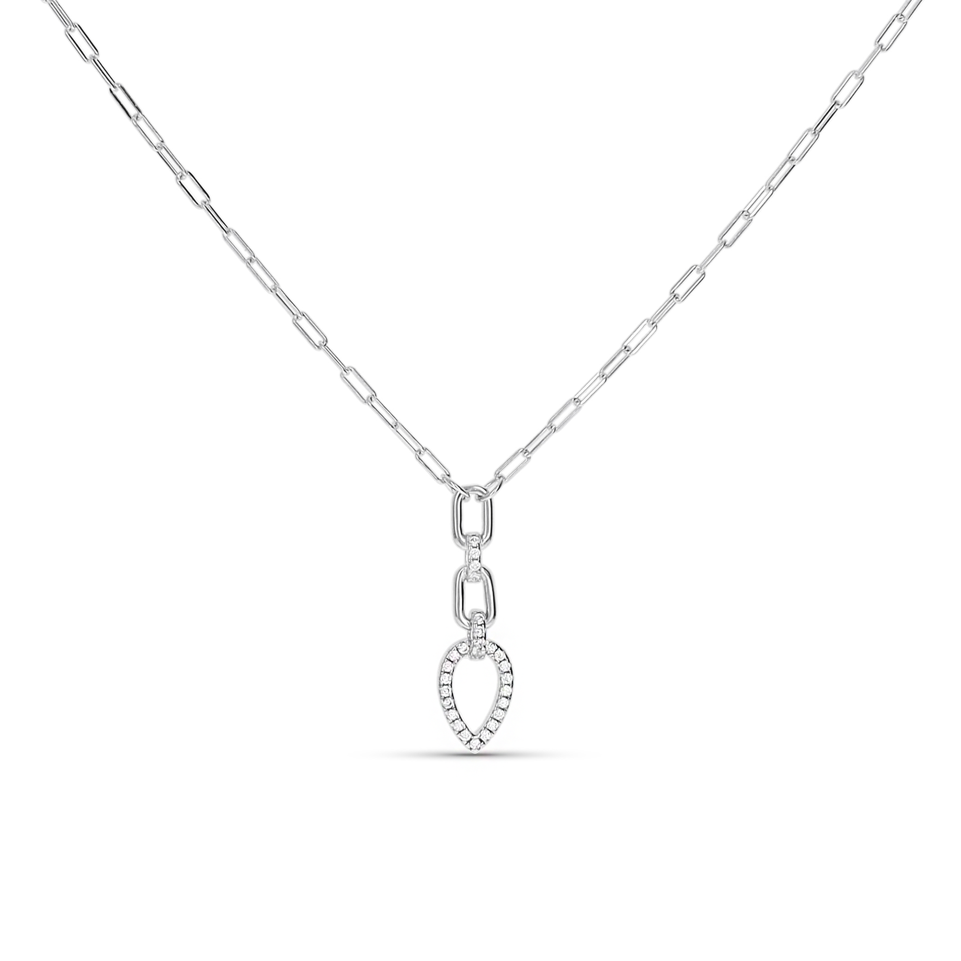 A silver paperclip chain necklace with a teardrop-shaped pendant paved with small clear stones, shown on a plain white background.