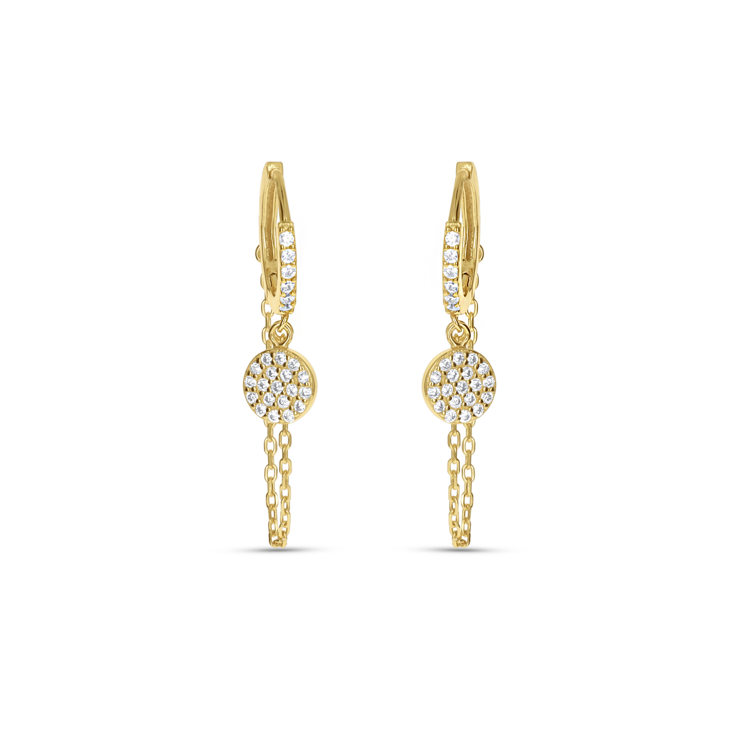 Gold Chain and Disc Drop Huggie Hoop Earrings from Alexandra Marks Jewelry. 