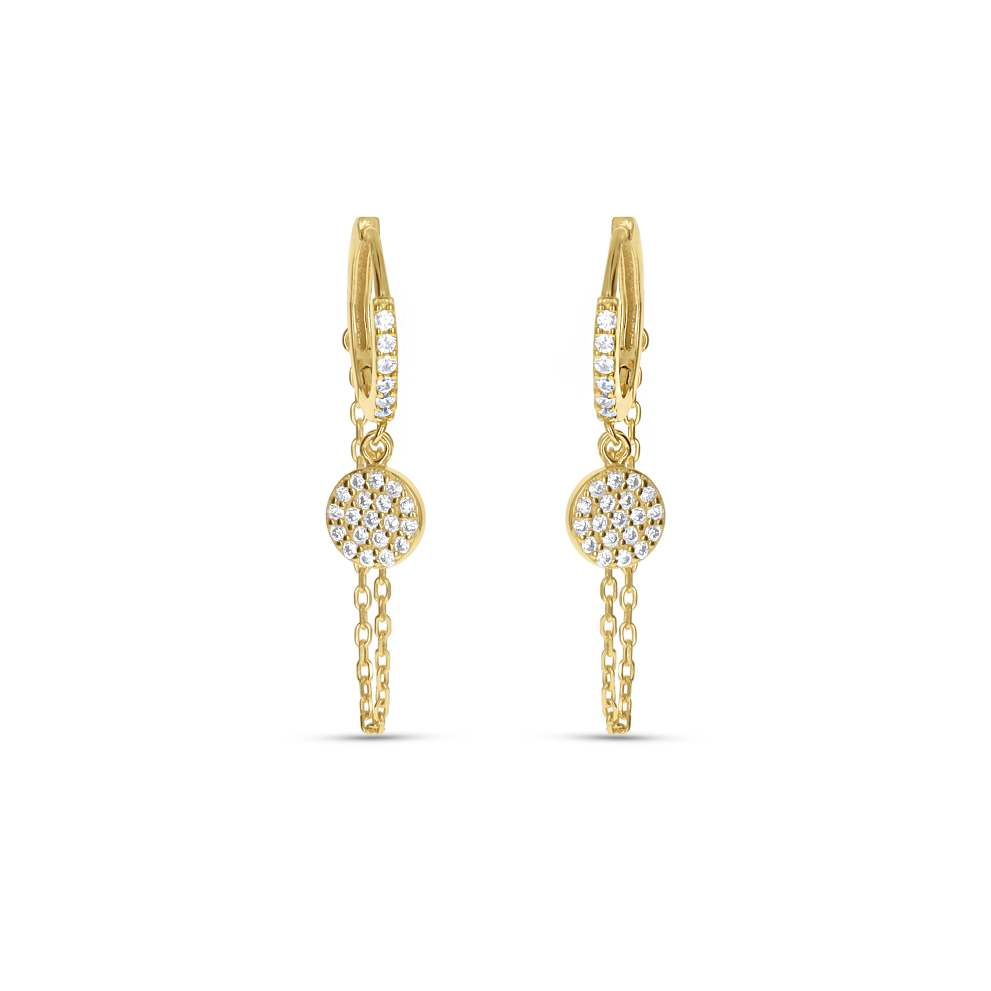 Gold Chain and Disc Drop Huggie Hoop Earrings from Alexandra Marks Jewelry. 