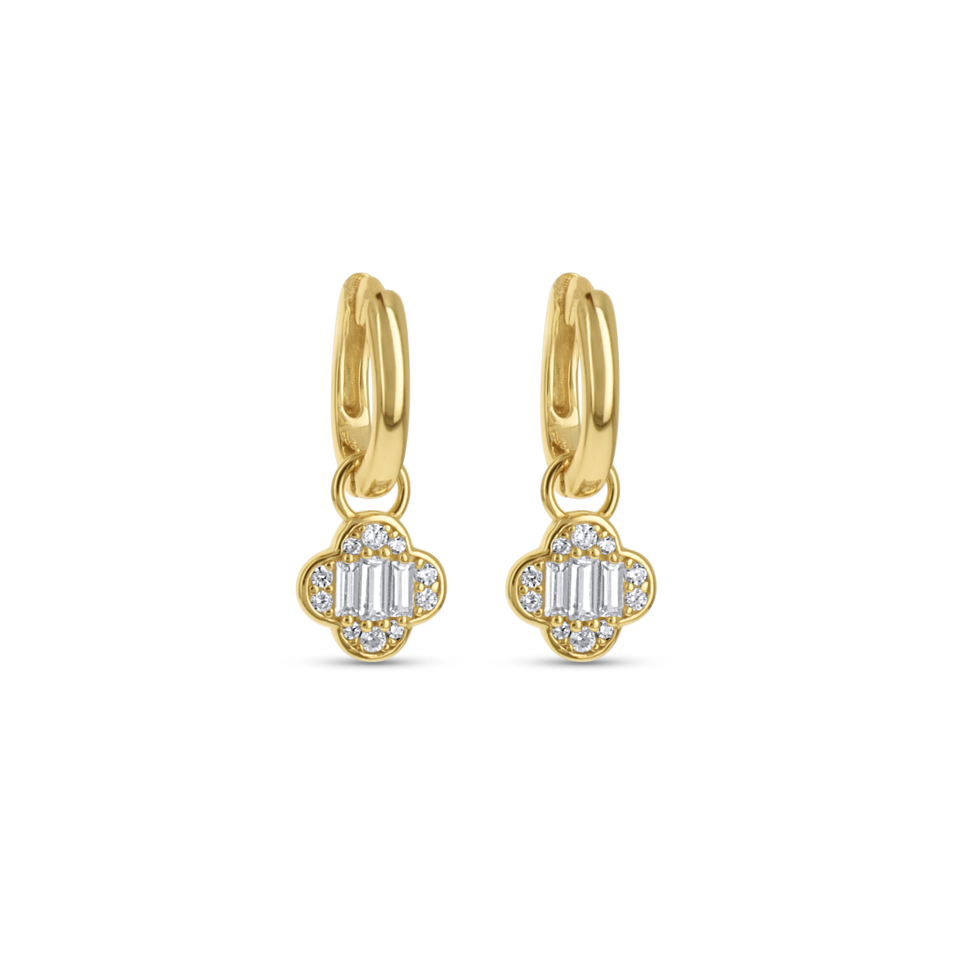 Elegant designer clover hoop earrings in gold from Alexandra Marks Jewelry.