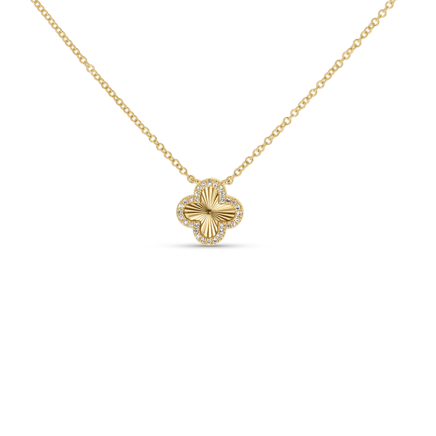 Diamond Cut Clover Necklace in 14kt Yellow Gold with Pave' Set Diamond Halo from Alexandra Marks Jewelry.