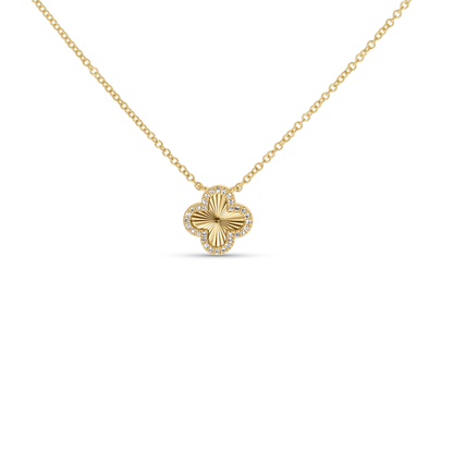 Diamond Cut Clover Necklace in 14kt Yellow Gold with Pave' Set Diamond Halo from Alexandra Marks Jewelry.