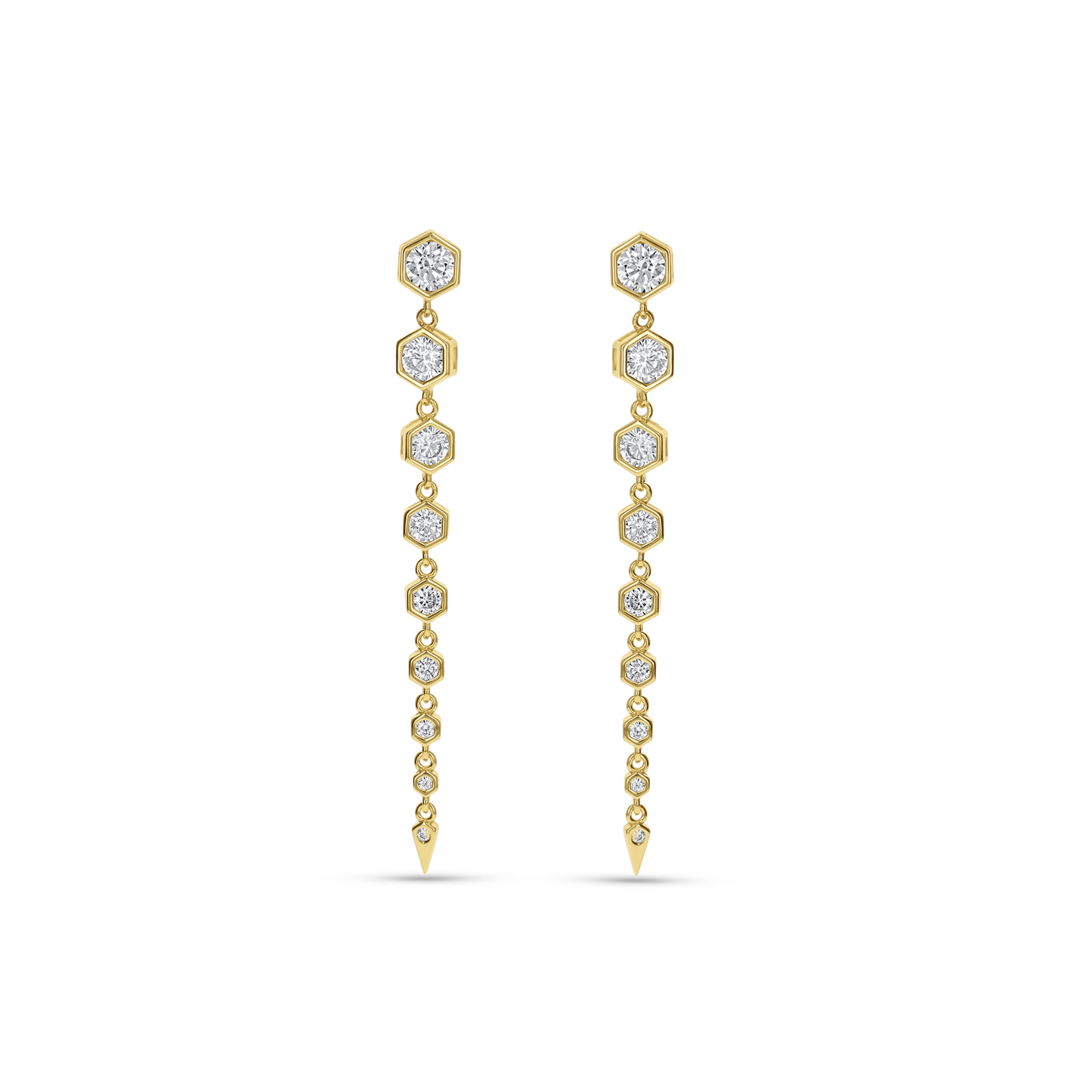 Modern geometric statement drop earrings in gold with cz stones from Alexandra Marks jewelry.