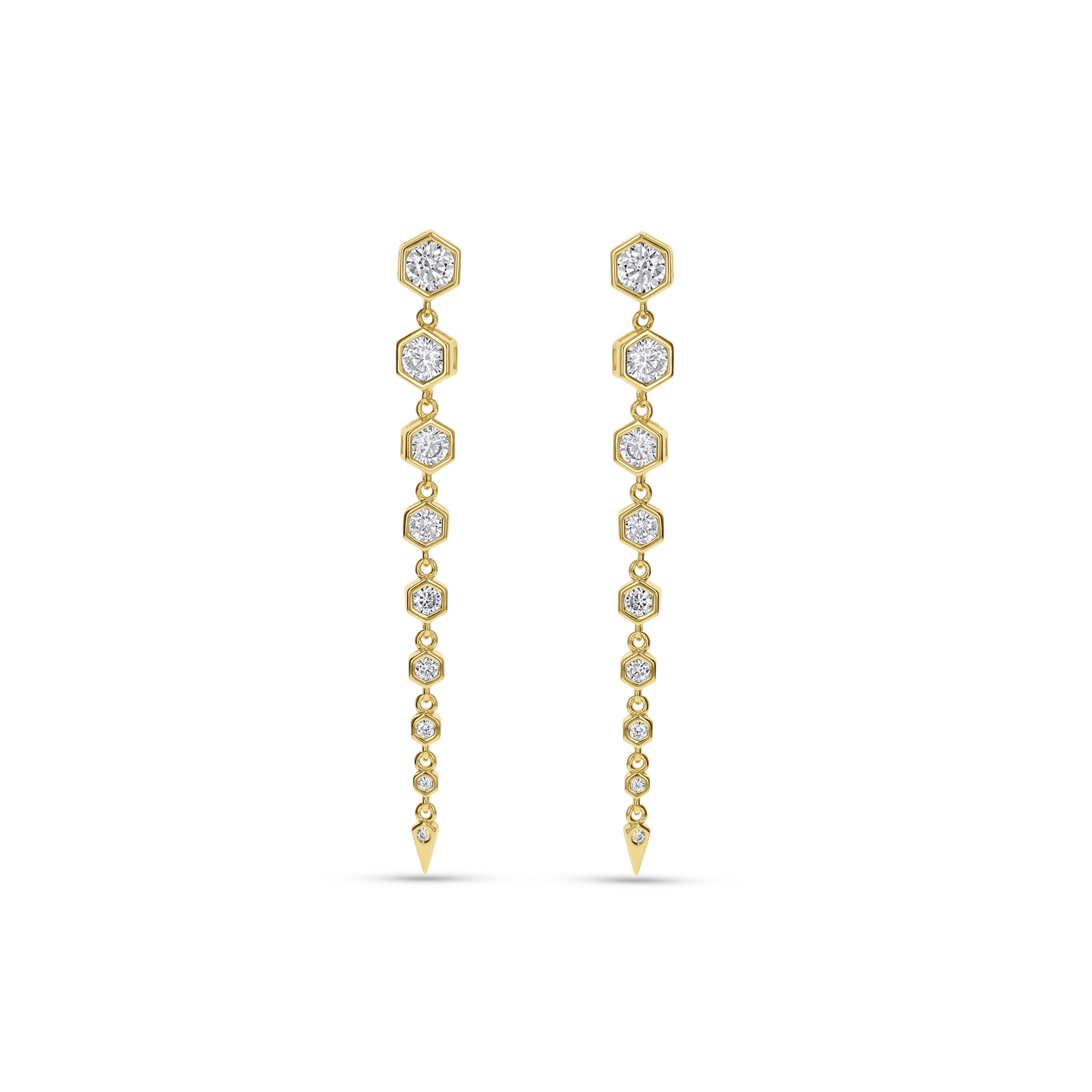 Modern geometric statement drop earrings in gold with cz stones from Alexandra Marks jewelry.