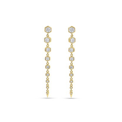 Modern geometric statement drop earrings in gold with cz stones from Alexandra Marks jewelry.