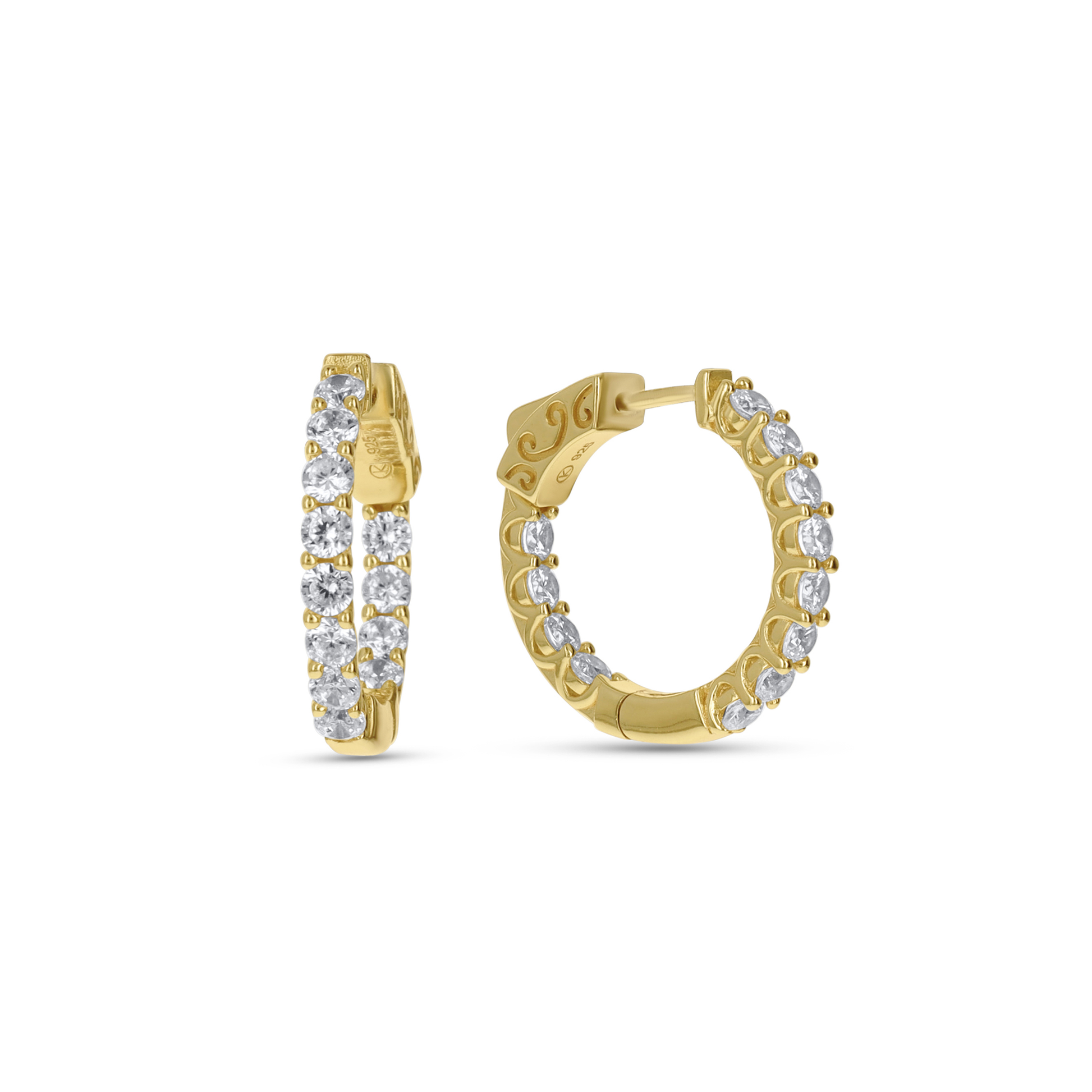 Medium Push Button Secure Gold Hoop Earrings with CZ Stones from Alexandra Marks Jewelry