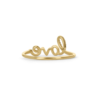 Gold ring with 'love' script on a white background