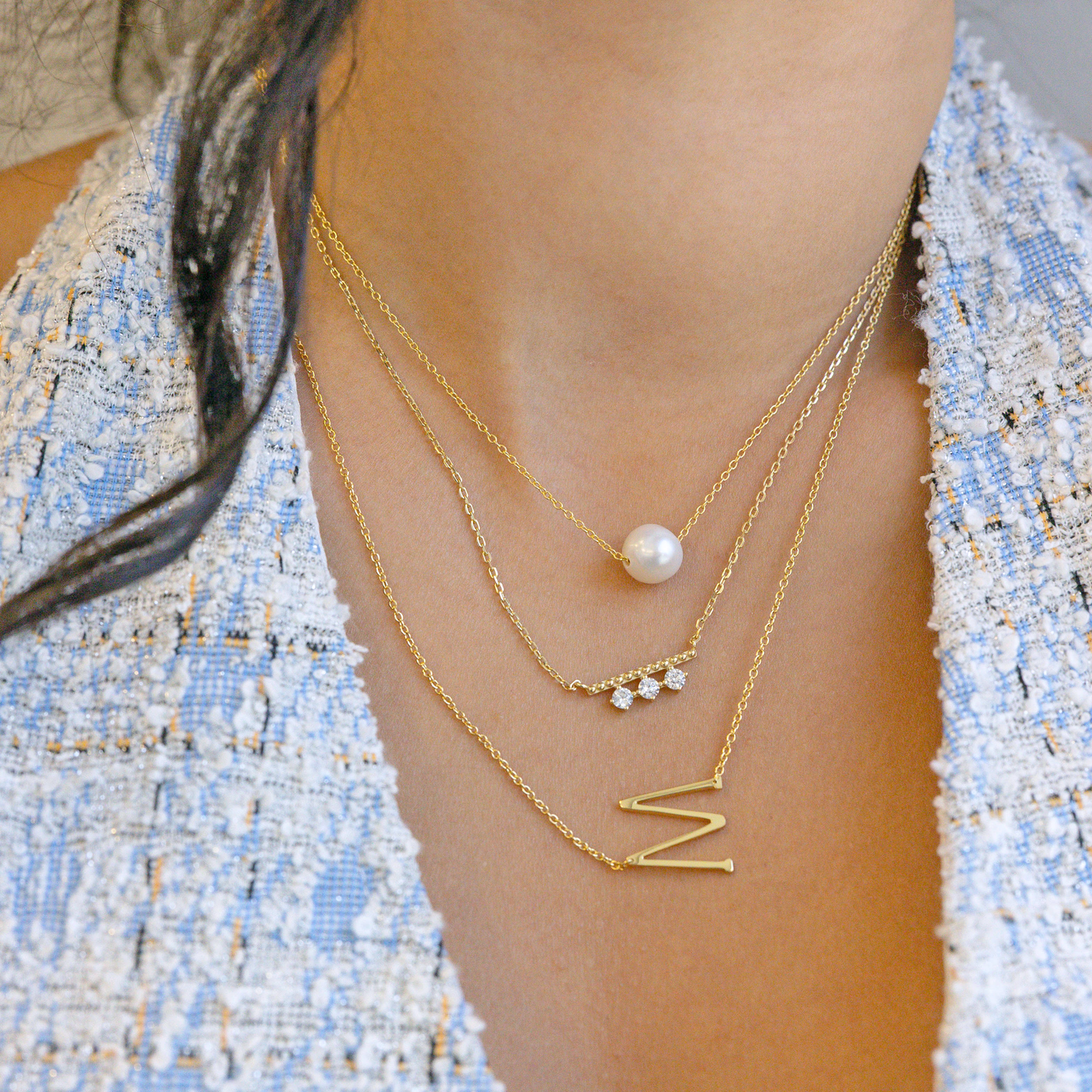 Gold Dotted Bar Necklace And Initial Jewelry Stack