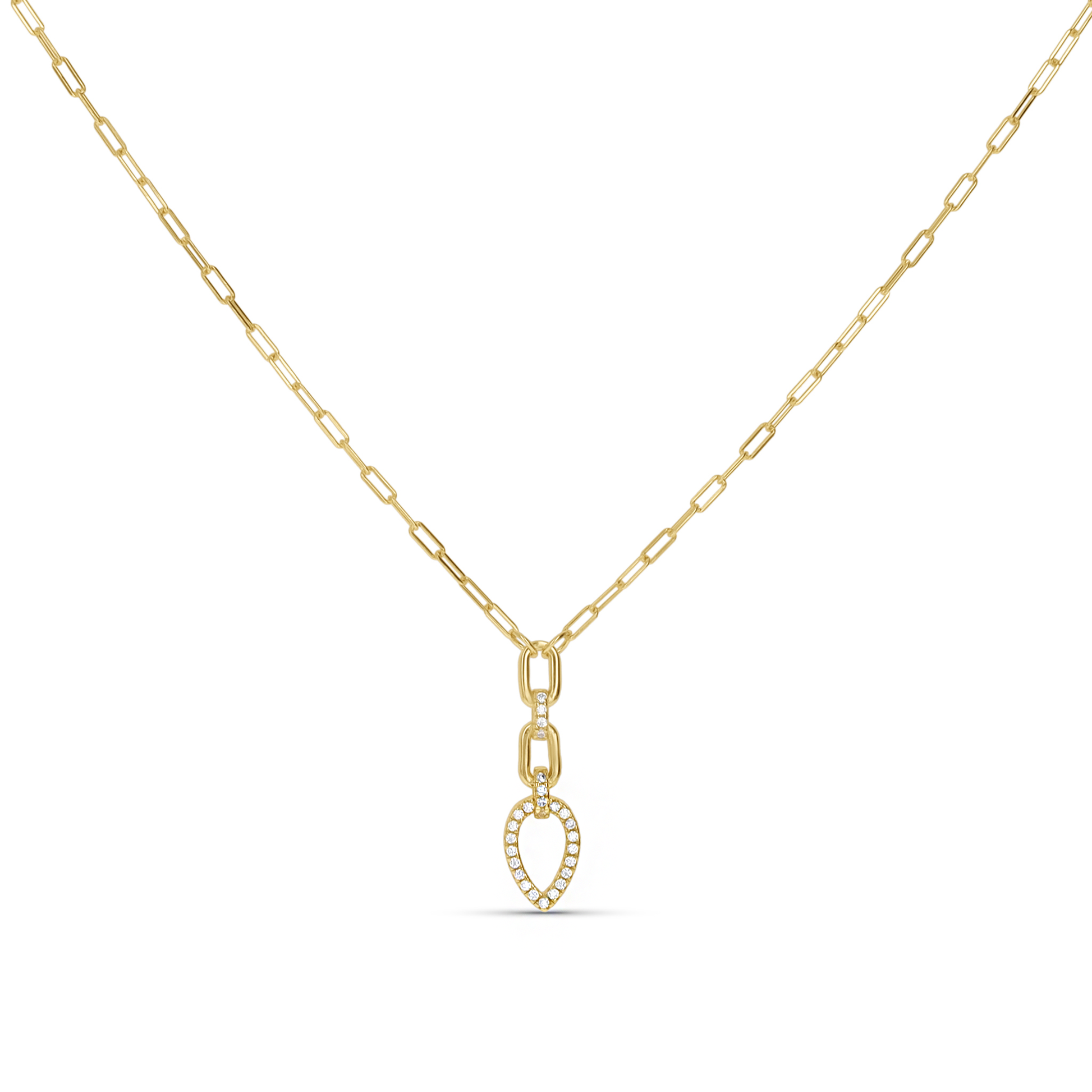 A gold paperclip chain necklace with a teardrop-shaped pendant outlined with small clear CZ stones.