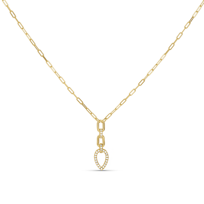 A gold paperclip chain necklace with a teardrop-shaped pendant outlined with small clear CZ stones.