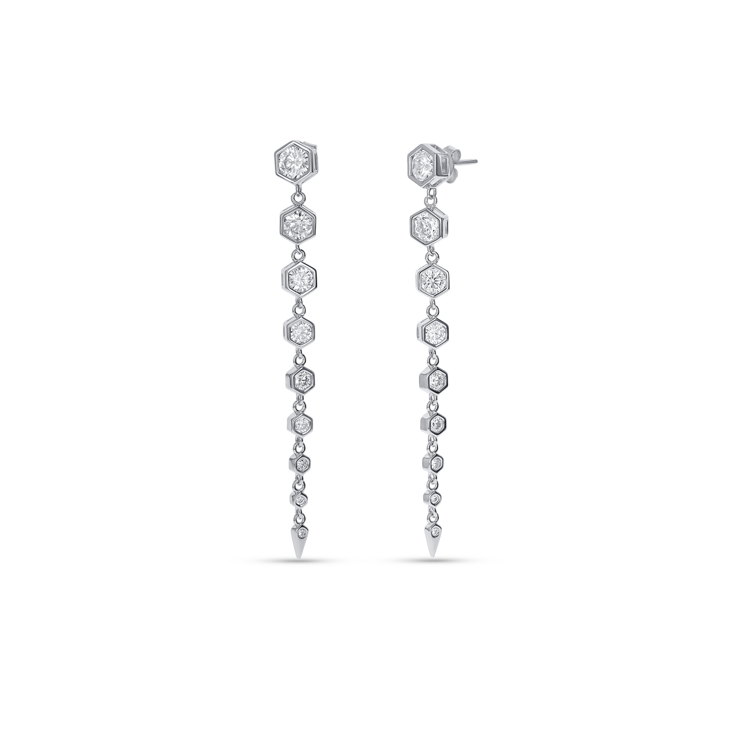 Long CZ and sterling silver geometric dangle drop earrings from Alexandra Marks jewelry.