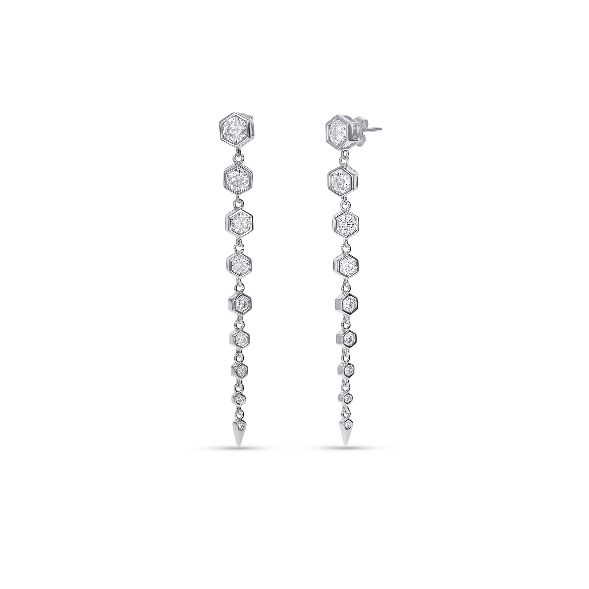 Long CZ and sterling silver geometric dangle drop earrings from Alexandra Marks jewelry.