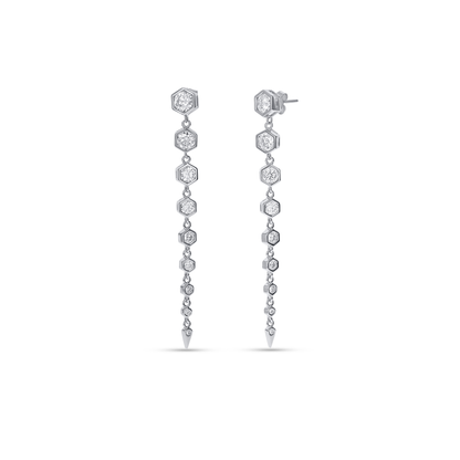 Long CZ and sterling silver geometric dangle drop earrings from Alexandra Marks jewelry.