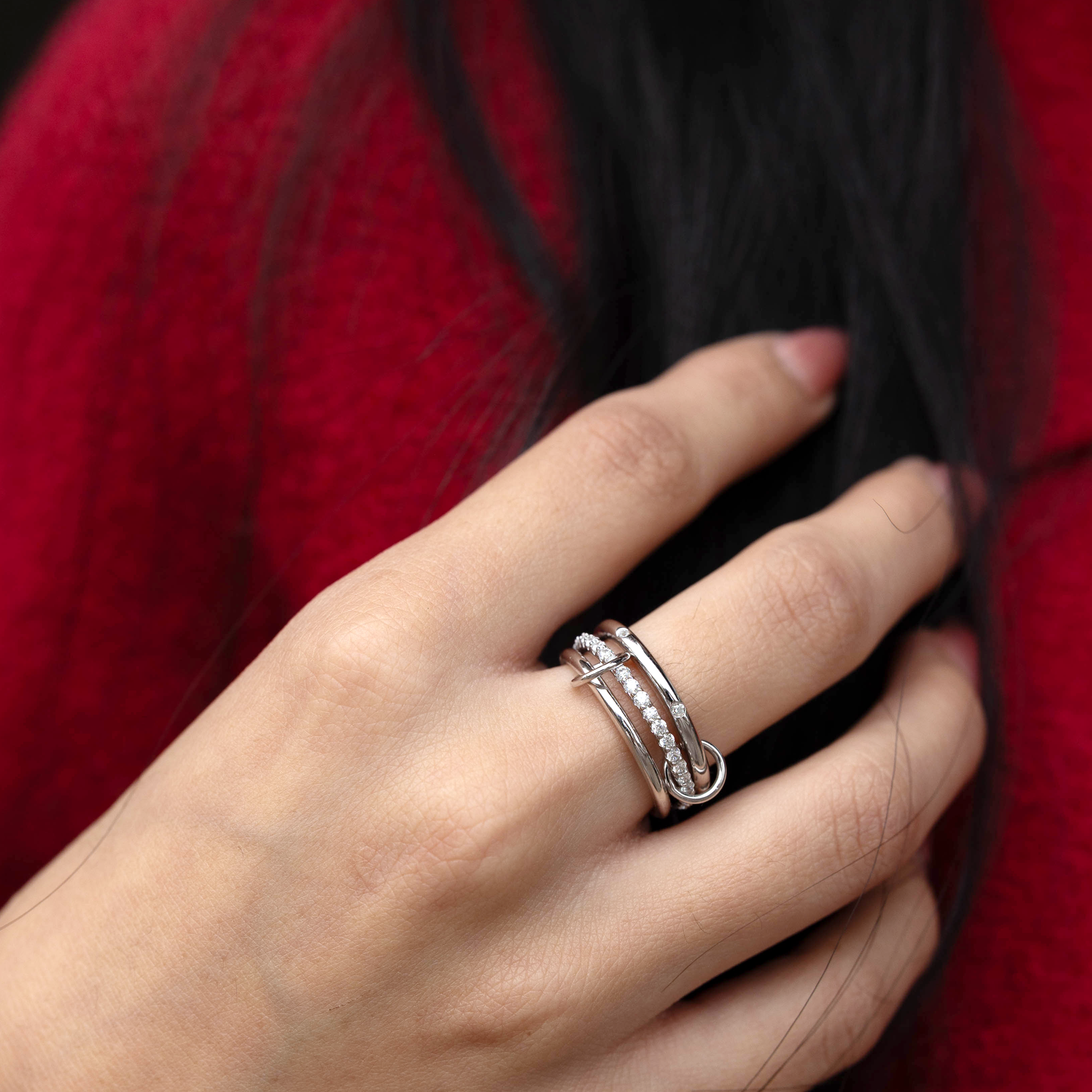Connected triple silver band ring in sterling silver