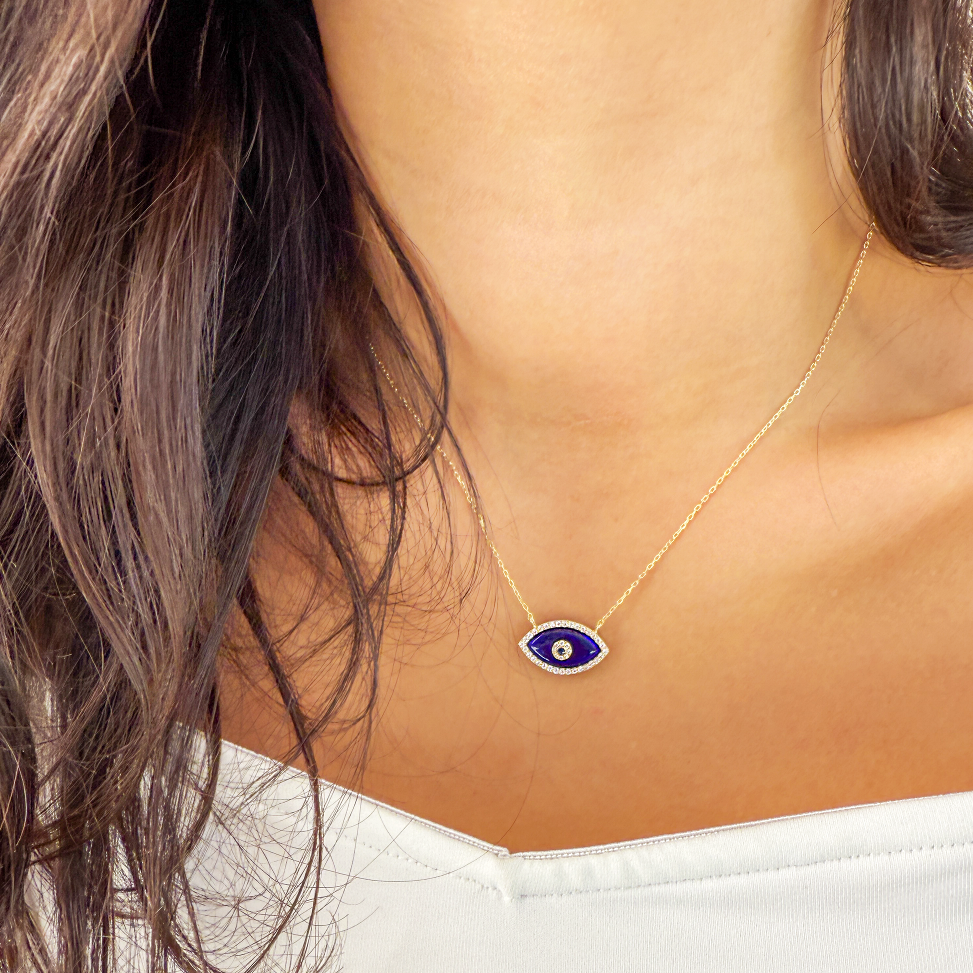 Navy Blue Evil Eye Pendant Necklace in Gold